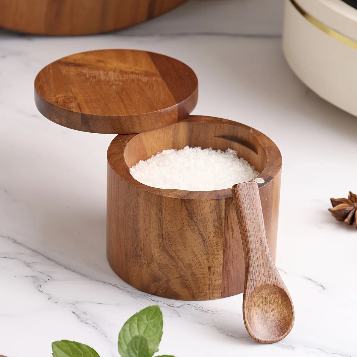 Solid Acacia Wood Salt Jar with Spoon