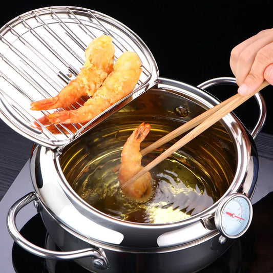 Stainless Steel Deep Frying Pot with a Thermometer and a Lid and Oil Drip filter Rack