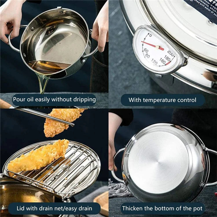 Stainless Steel Deep Frying Pot with a Thermometer and a Lid and Oil Drip filter Rack