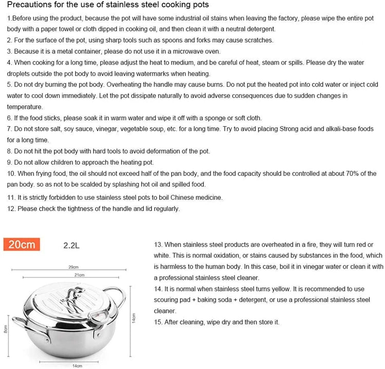 Stainless Steel Deep Frying Pot with a Thermometer and a Lid and Oil Drip filter Rack