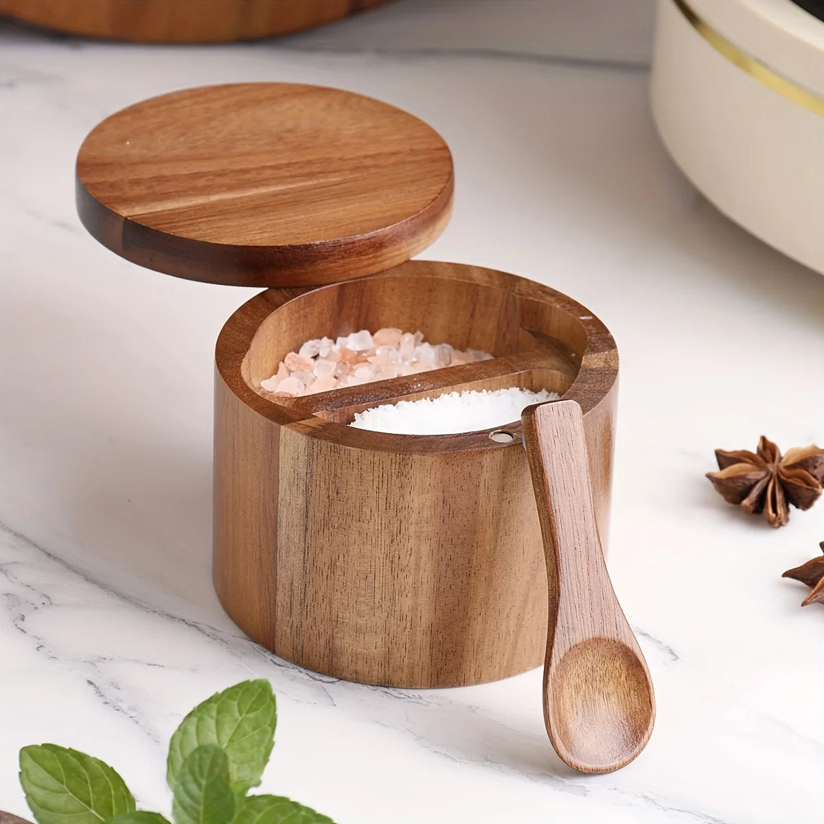 Solid Acacia Wood Salt Jar with Spoon